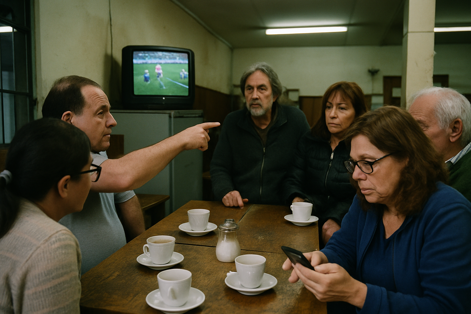 Hinchas argentinos miran un partido de fútbol en un bar porteño con televisor pequeño