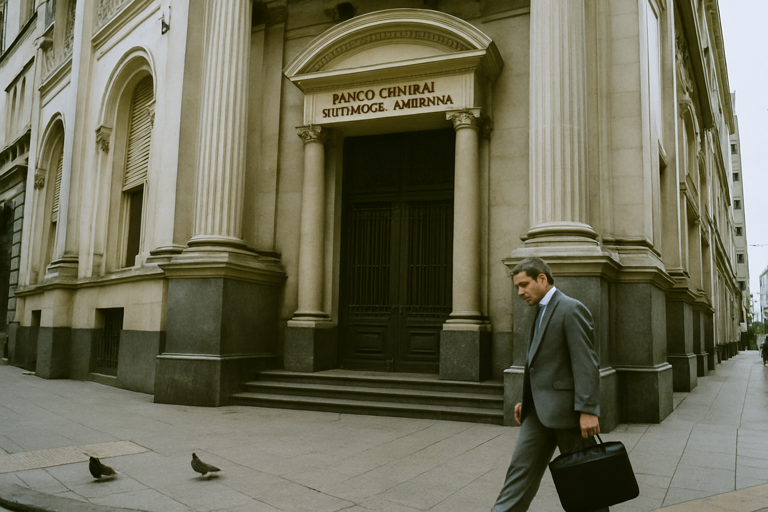 Hombre de traje camina frente al edificio del Banco Central en Buenos Aires